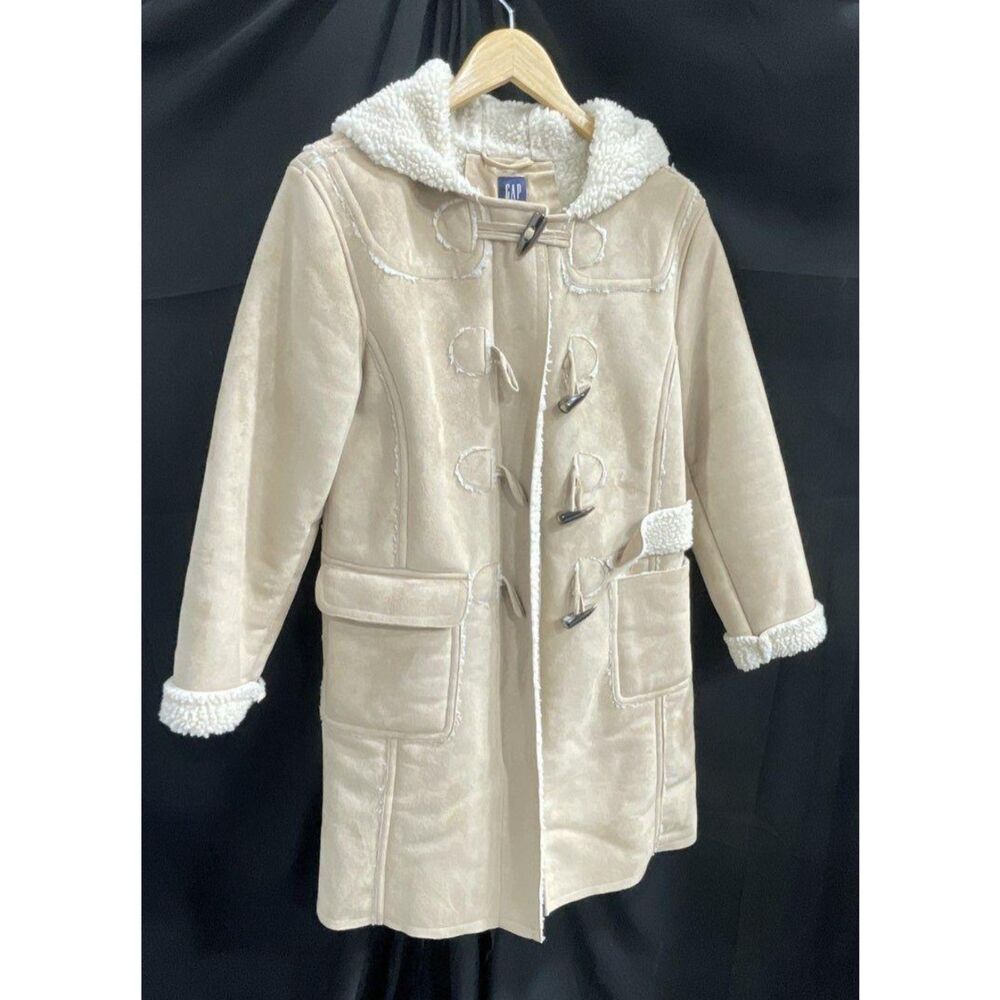 Vintage Gap Faux Suede Sherpa Lined Toggle Duffle Coat Tan Hooded Jacket Penny M